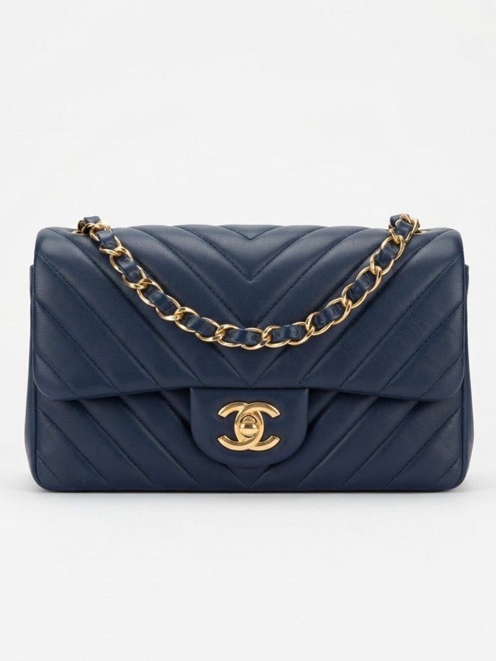 CHANEL Rectangular Mini Flap Blue Gold CC Chain Shoulder Bag Lambskin Leather